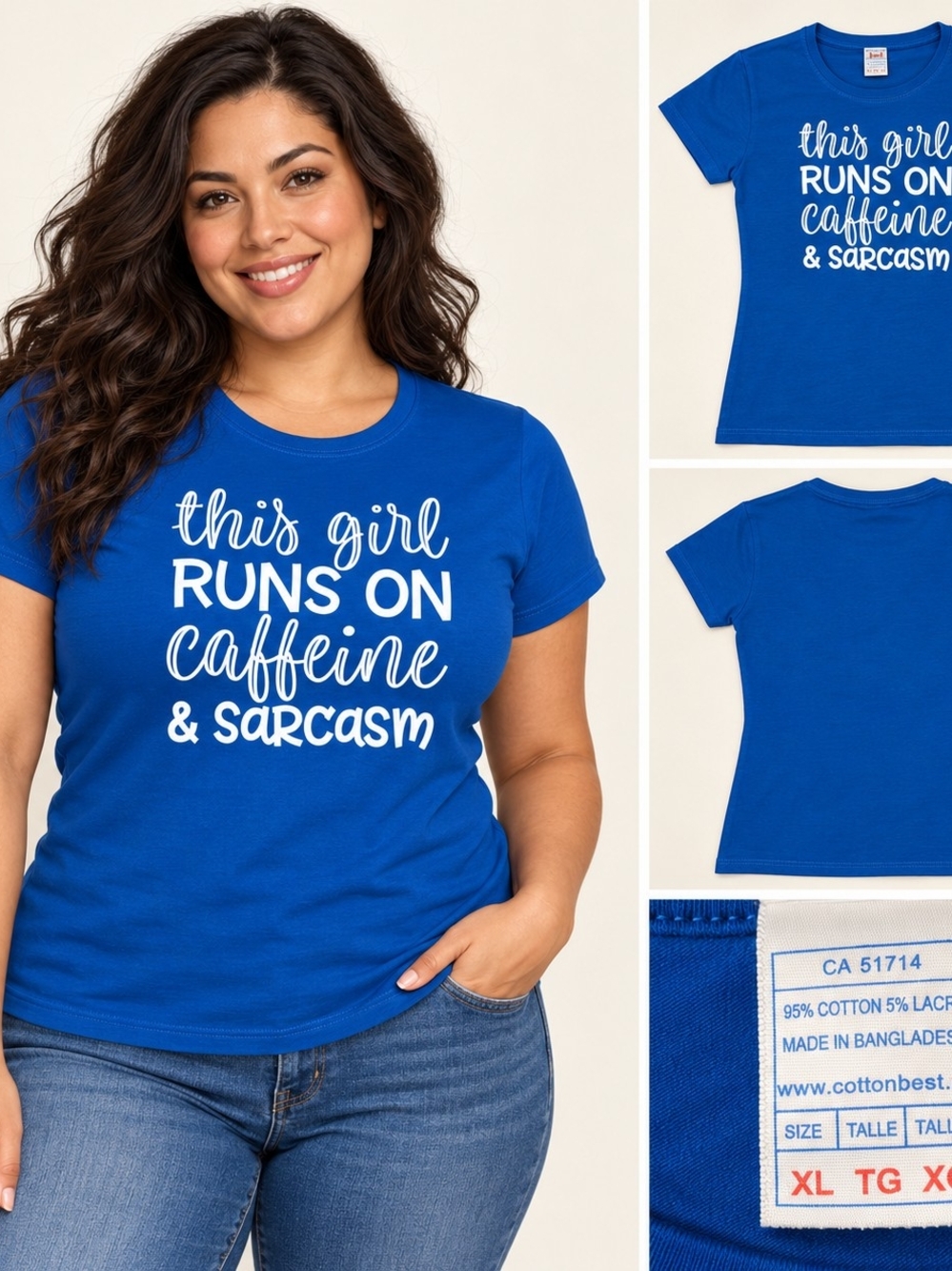This Girl Runs on Caffeine & Sarcasm Blue Graphic Tee | XL